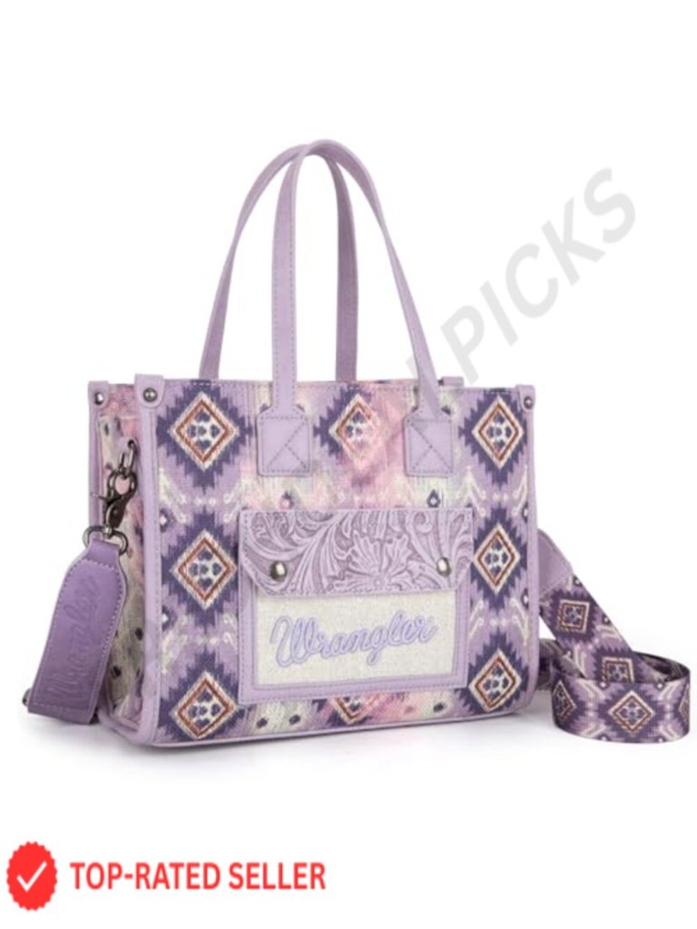 Western Aztec Tote Bag with Embossed Floral Flap, Zipper Closure, Adjustable